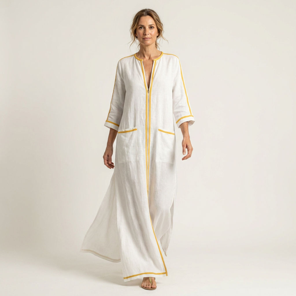 Kaelen | Contrast-Trim V-Neck Three-Quarter Sleeve Linen Maxi Dress