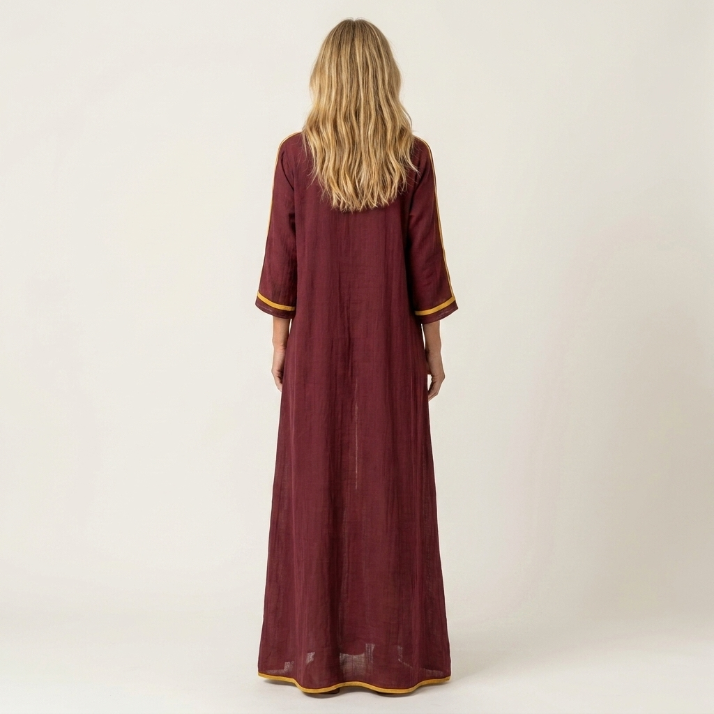 Kaelen | Contrast-Trim V-Neck Three-Quarter Sleeve Linen Maxi Dress