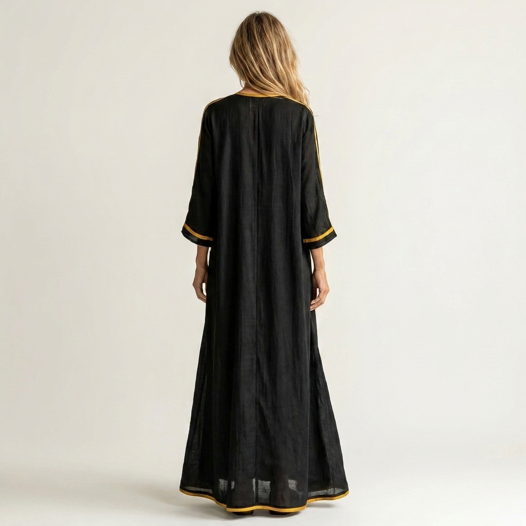 Kaelen | Contrast-Trim V-Neck Three-Quarter Sleeve Linen Maxi Dress