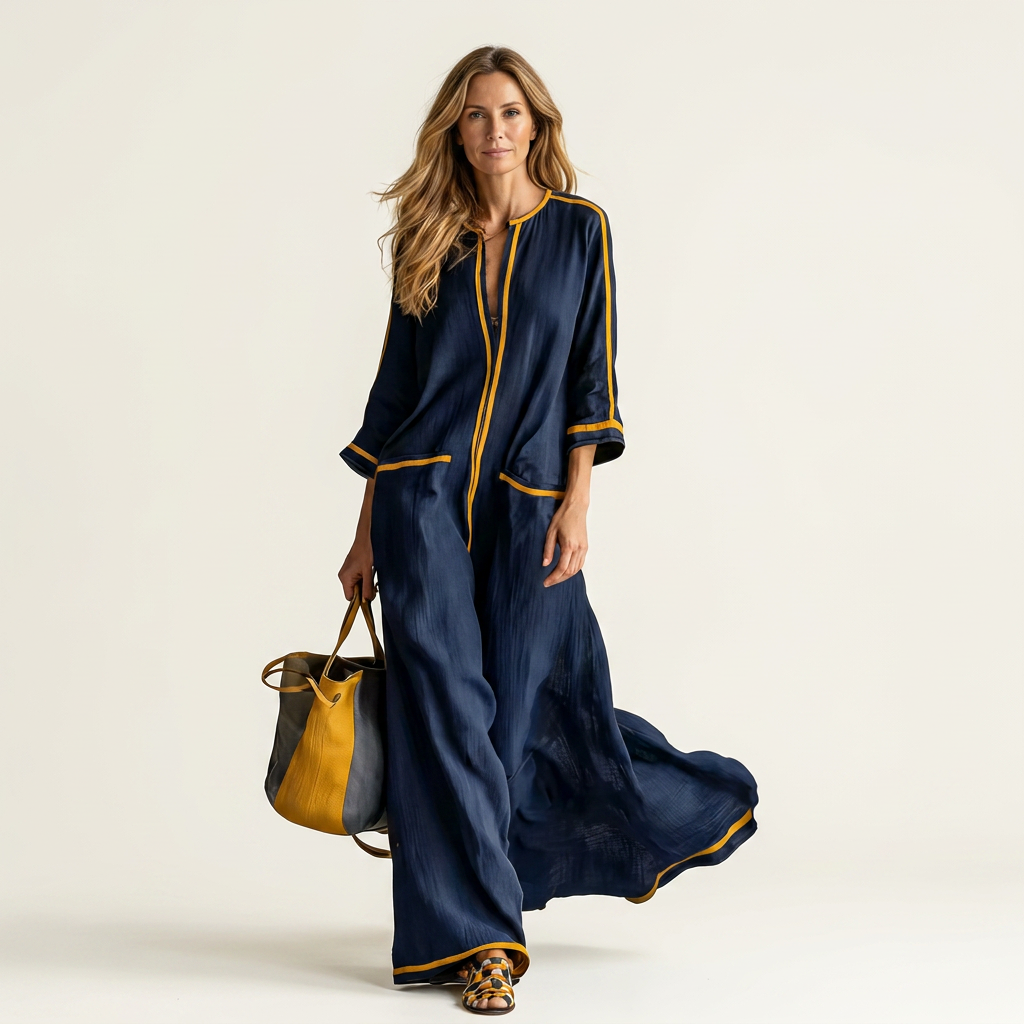 Kaelen | Contrast-Trim V-Neck Three-Quarter Sleeve Linen Maxi Dress