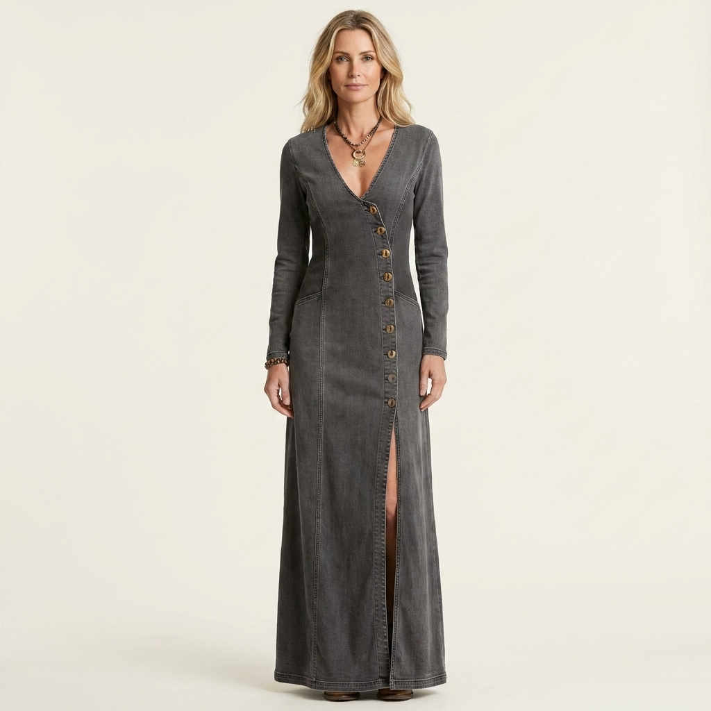 Jamia | Deep V-Neck Button-Front Long-Sleeve Fitted Denim Maxi Dress
