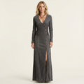 Jamia | Deep V-Neck Button-Front Long-Sleeve Fitted Denim Maxi Dress