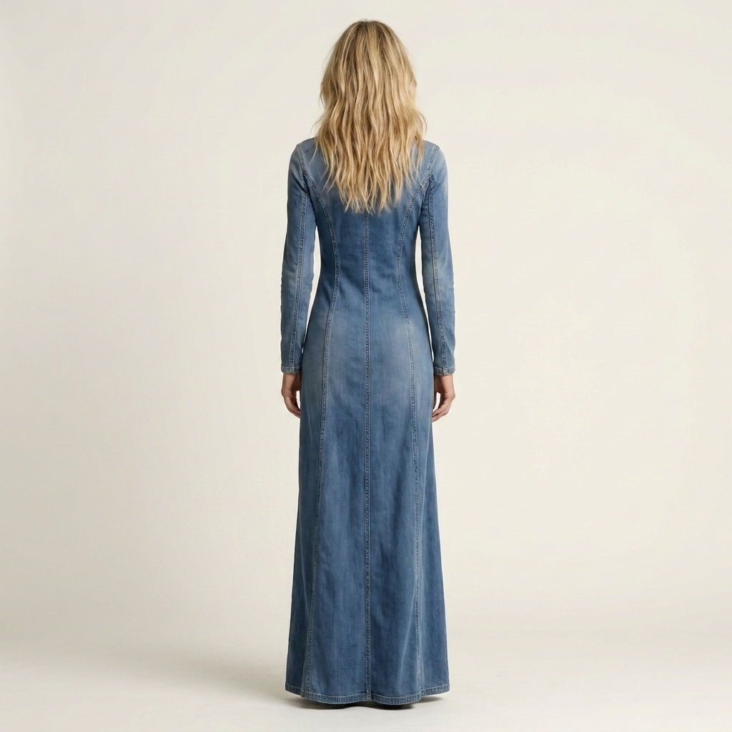 Jamia | Deep V-Neck Button-Front Long-Sleeve Fitted Denim Maxi Dress
