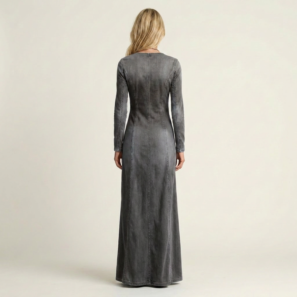 Jamia | Deep V-Neck Button-Front Long-Sleeve Fitted Denim Maxi Dress
