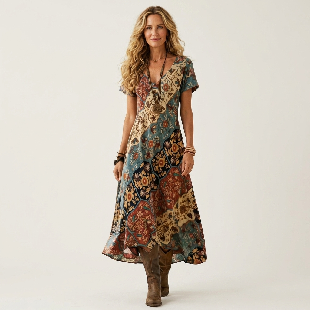 Pamela | V-Neck Short-Sleeve Abstract Print Relaxed Maxi Dress