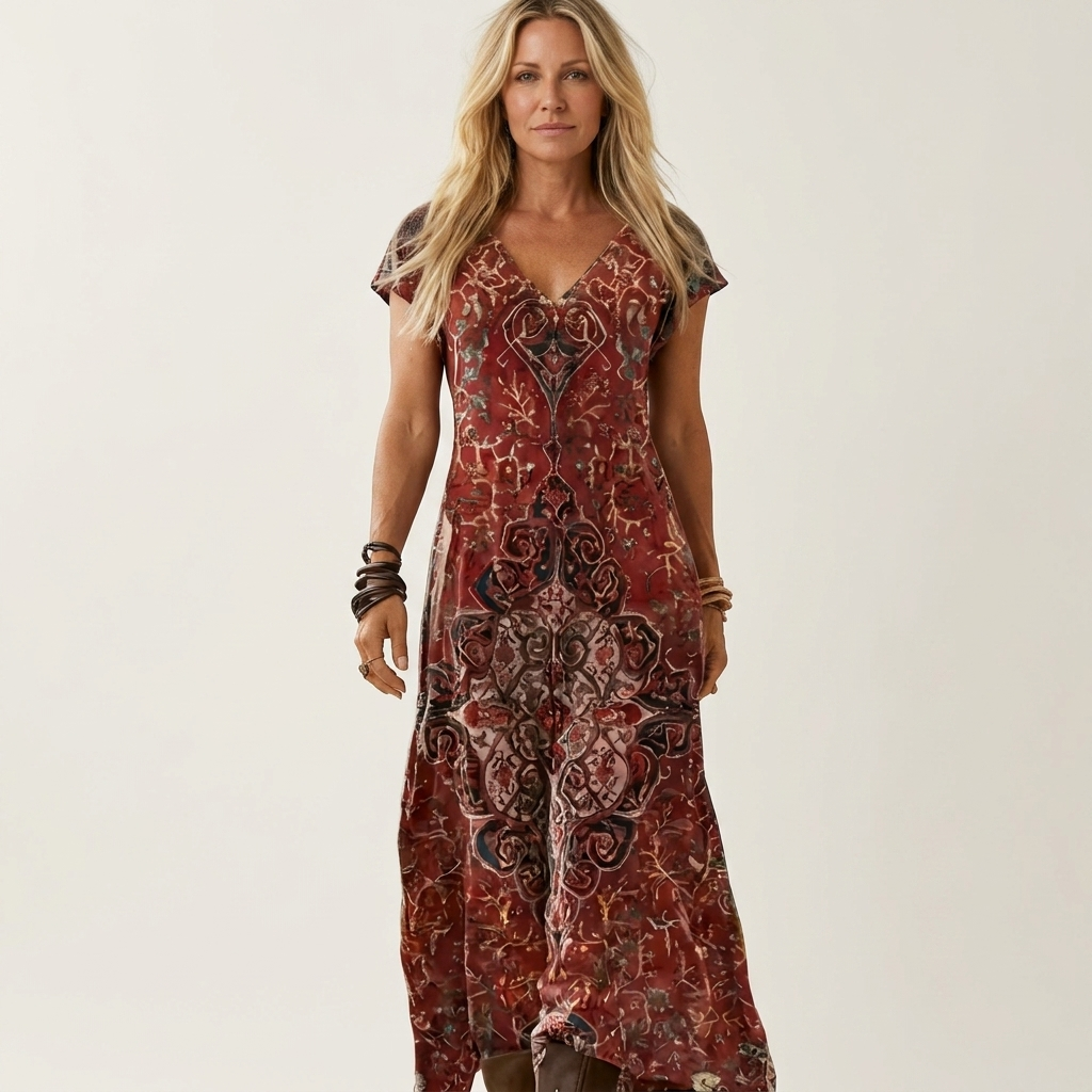 Pamela | V-Neck Short-Sleeve Abstract Print Relaxed Maxi Dress