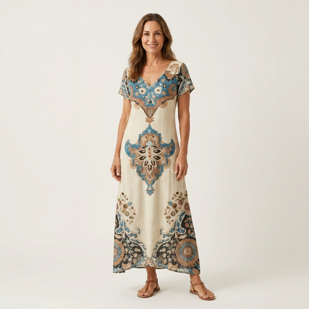 Pamela | V-Neck Short-Sleeve Abstract Print Relaxed Maxi Dress