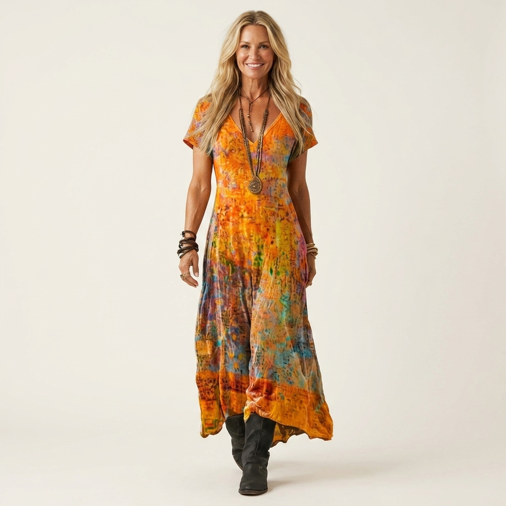 Pamela | V-Neck Short-Sleeve Abstract Print Relaxed Maxi Dress