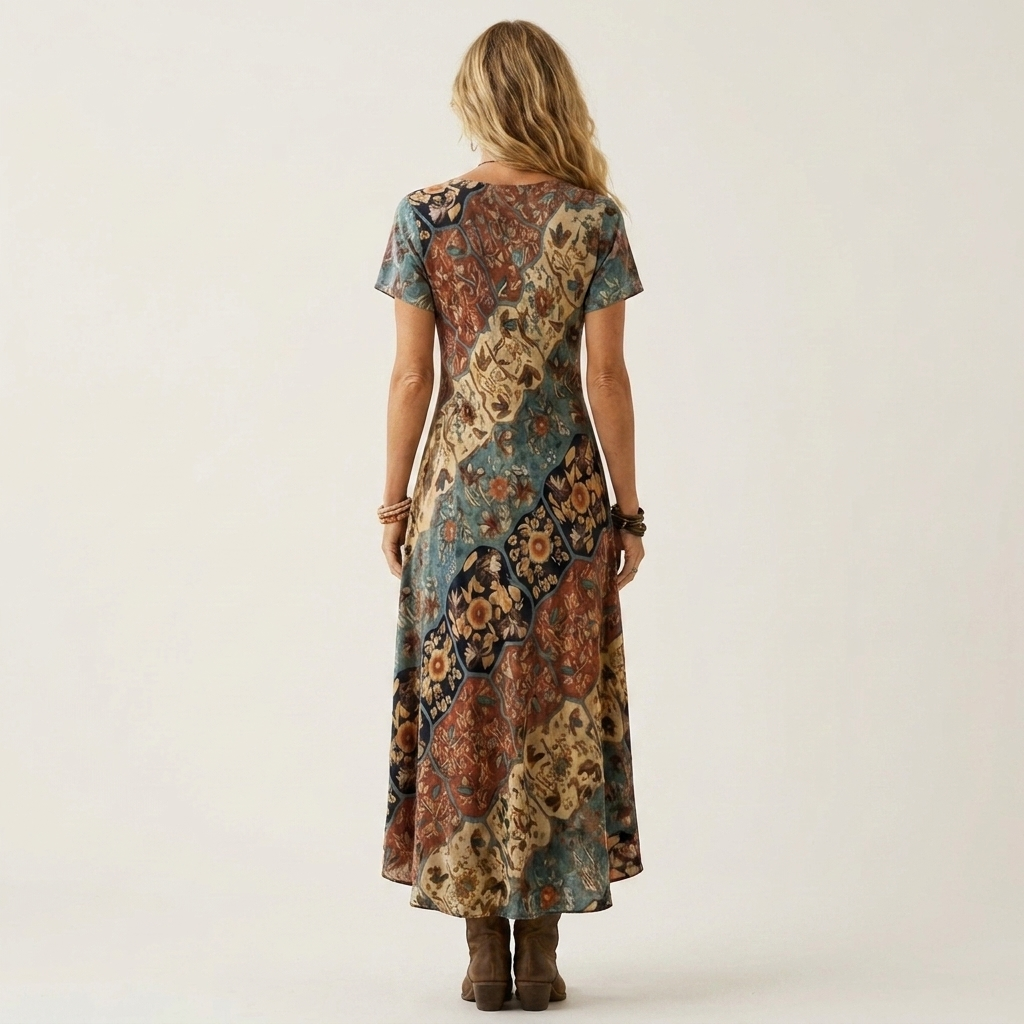 Pamela | V-Neck Short-Sleeve Abstract Print Relaxed Maxi Dress
