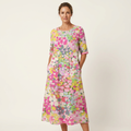 Patriana | Round-Neck Short-Sleeve Abstract Floral Cotton-Blend Midi Dress