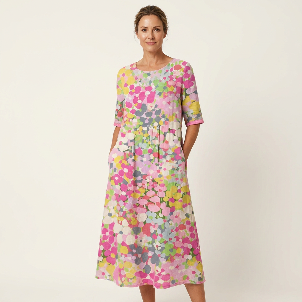 Patriana | Round-Neck Short-Sleeve Abstract Floral Cotton-Blend Midi Dress