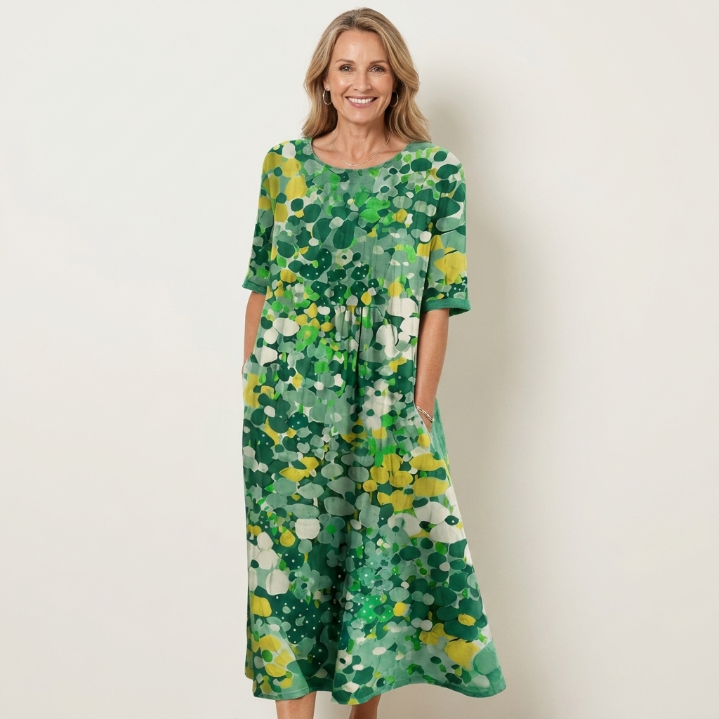 Patriana | Round-Neck Short-Sleeve Abstract Floral Cotton-Blend Midi Dress