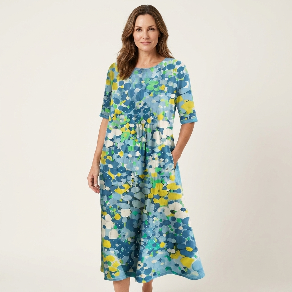 Patriana | Round-Neck Short-Sleeve Abstract Floral Cotton-Blend Midi Dress