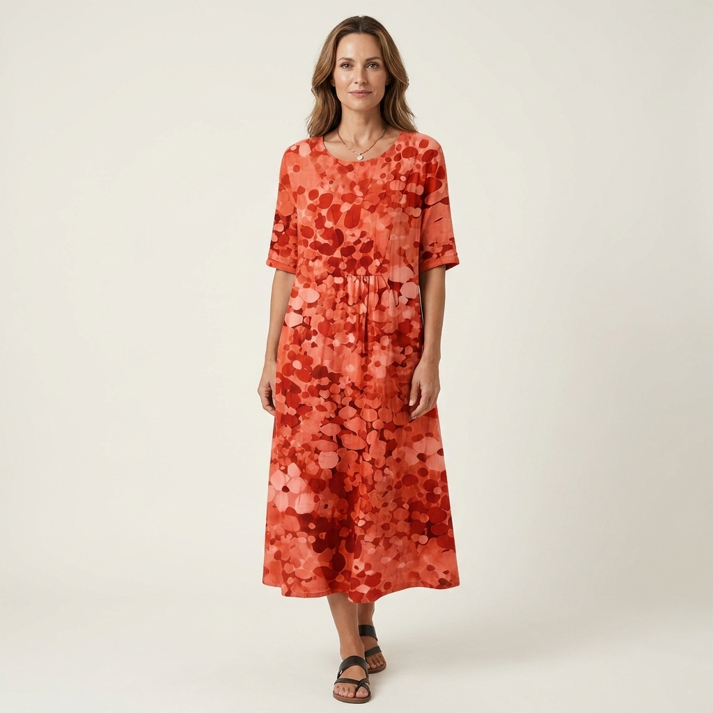 Patriana | Round-Neck Short-Sleeve Abstract Floral Cotton-Blend Midi Dress