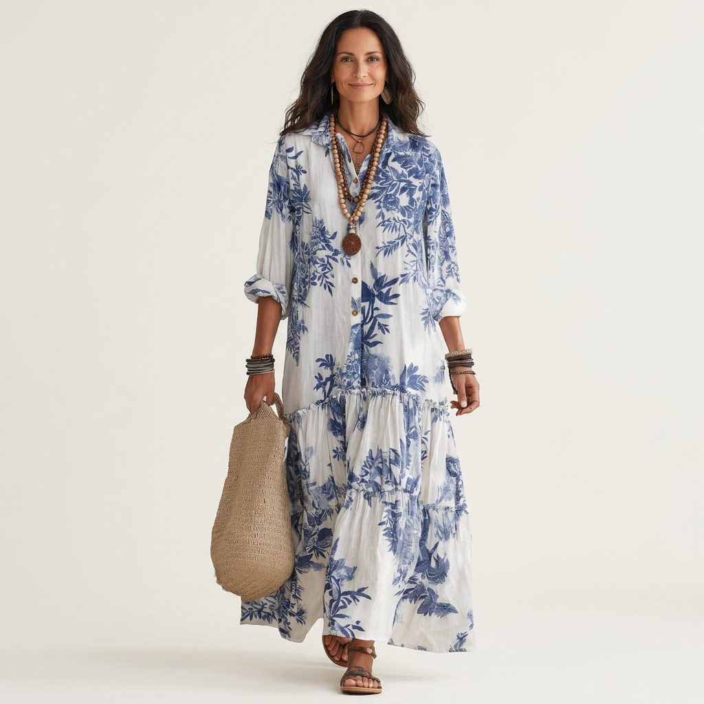 Aliah | Blue Toile Floral Button-Front Roll-Sleeve Tiered Maxi Shirt Dress