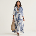 Aliah | Blue Toile Floral Button-Front Roll-Sleeve Tiered Maxi Shirt Dress