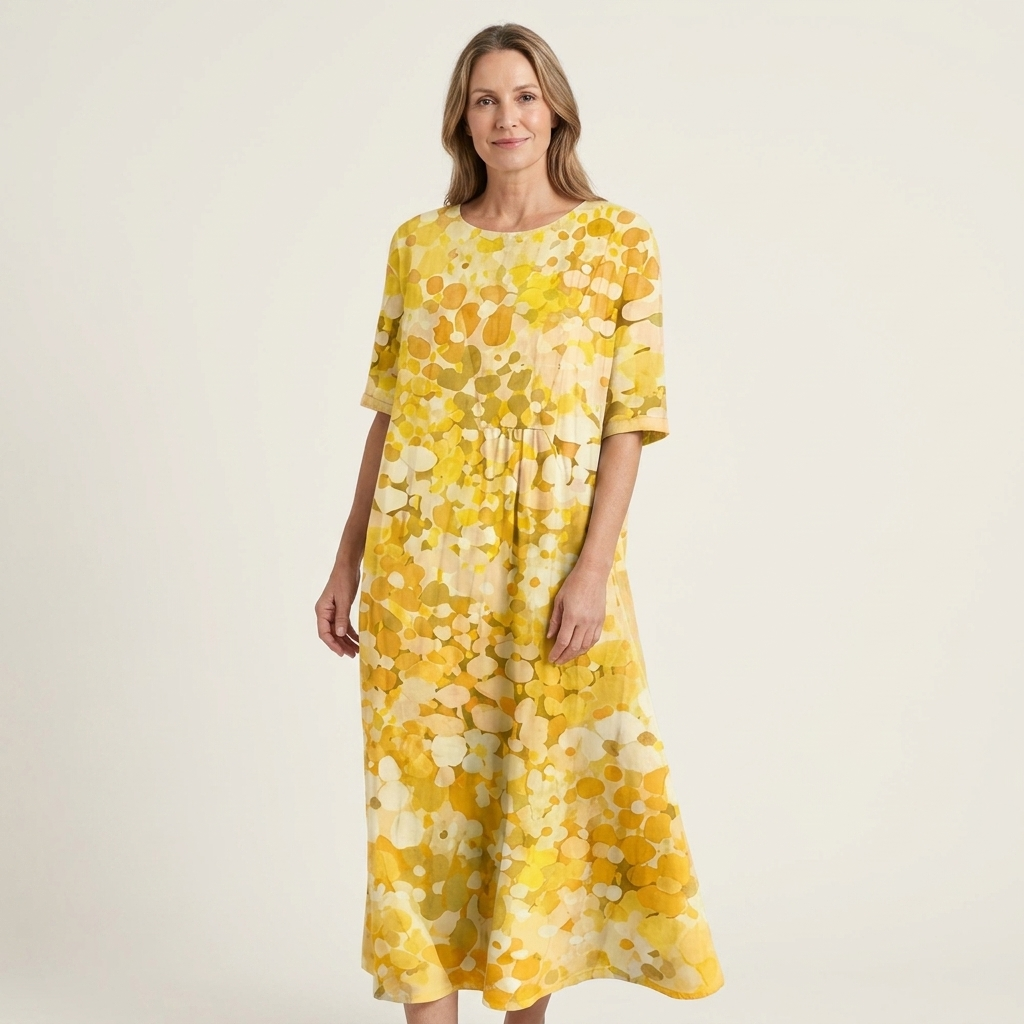 Patriana | Round-Neck Short-Sleeve Abstract Floral Cotton-Blend Midi Dress