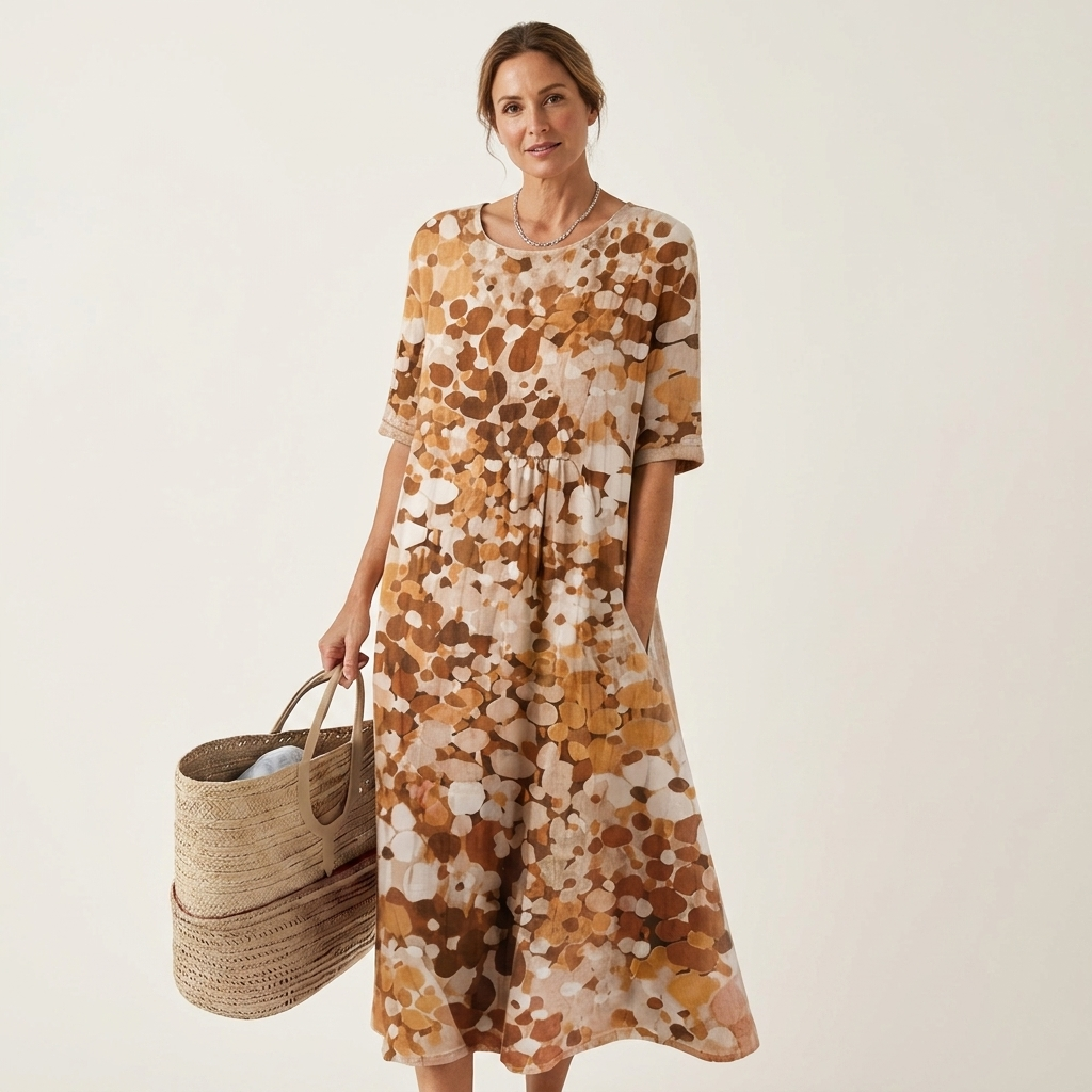 Patriana | Round-Neck Short-Sleeve Abstract Floral Cotton-Blend Midi Dress