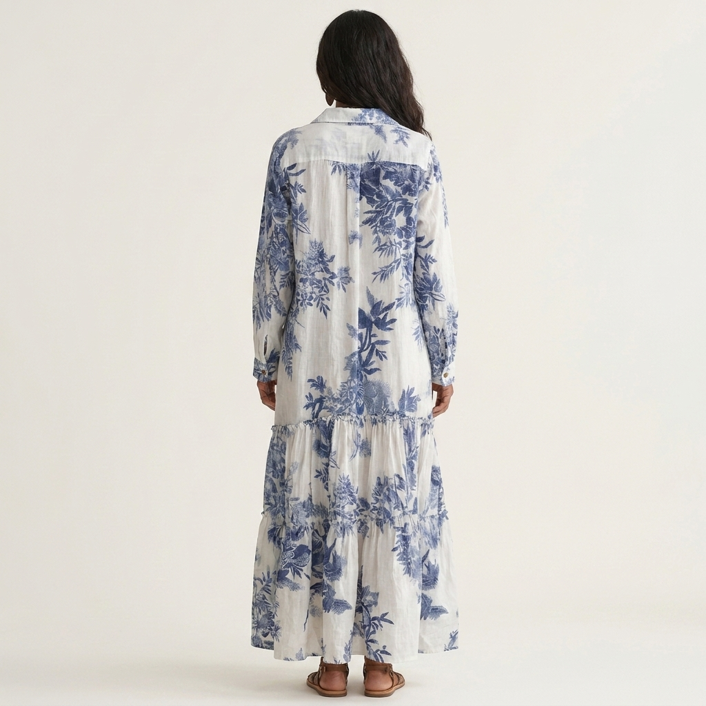 Aliah | Blue Toile Floral Button-Front Roll-Sleeve Tiered Maxi Shirt Dress