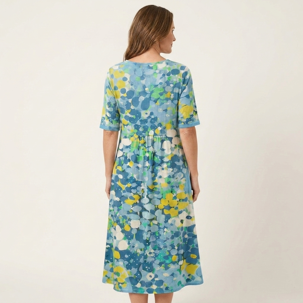Patriana | Round-Neck Short-Sleeve Abstract Floral Cotton-Blend Midi Dress