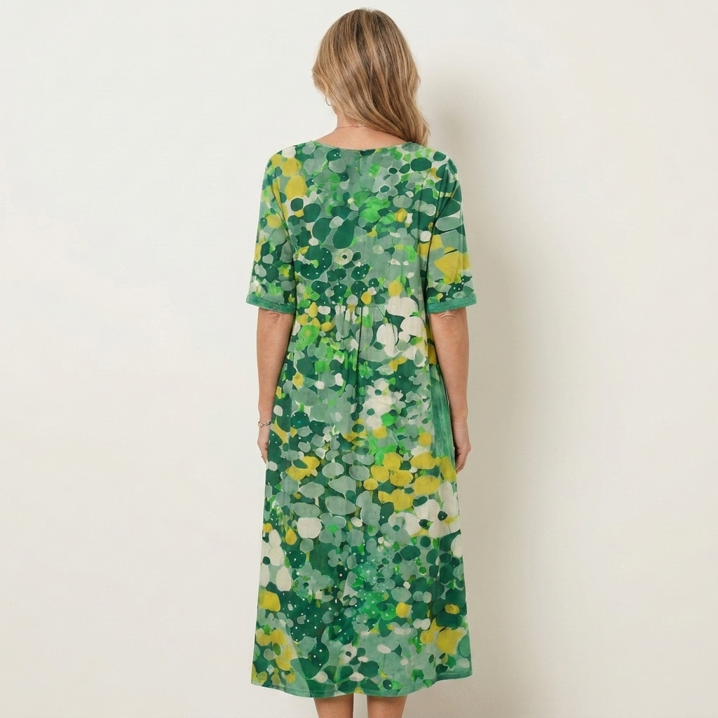 Patriana | Round-Neck Short-Sleeve Abstract Floral Cotton-Blend Midi Dress