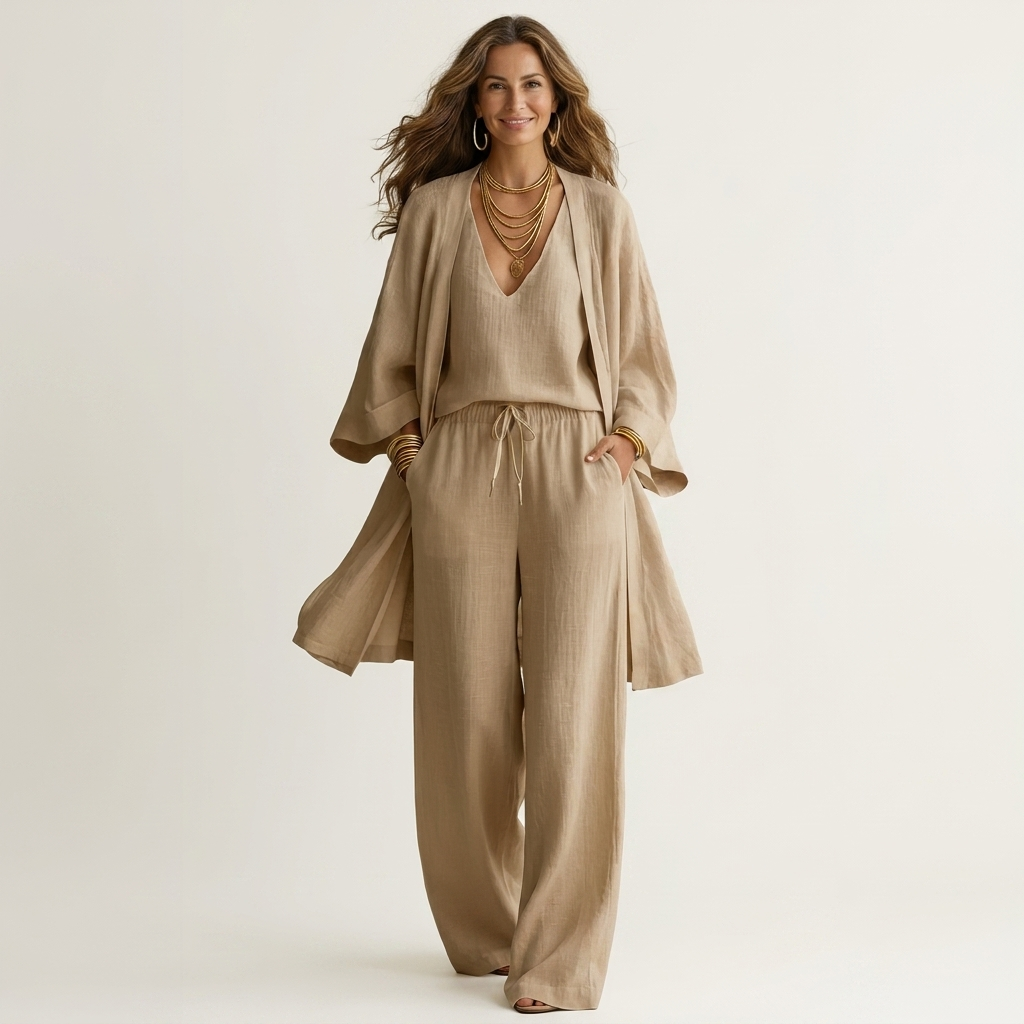 Isabelle | Sleeveless Top, Wide-Leg Pants & Open-Front Vest Three-Piece Set
