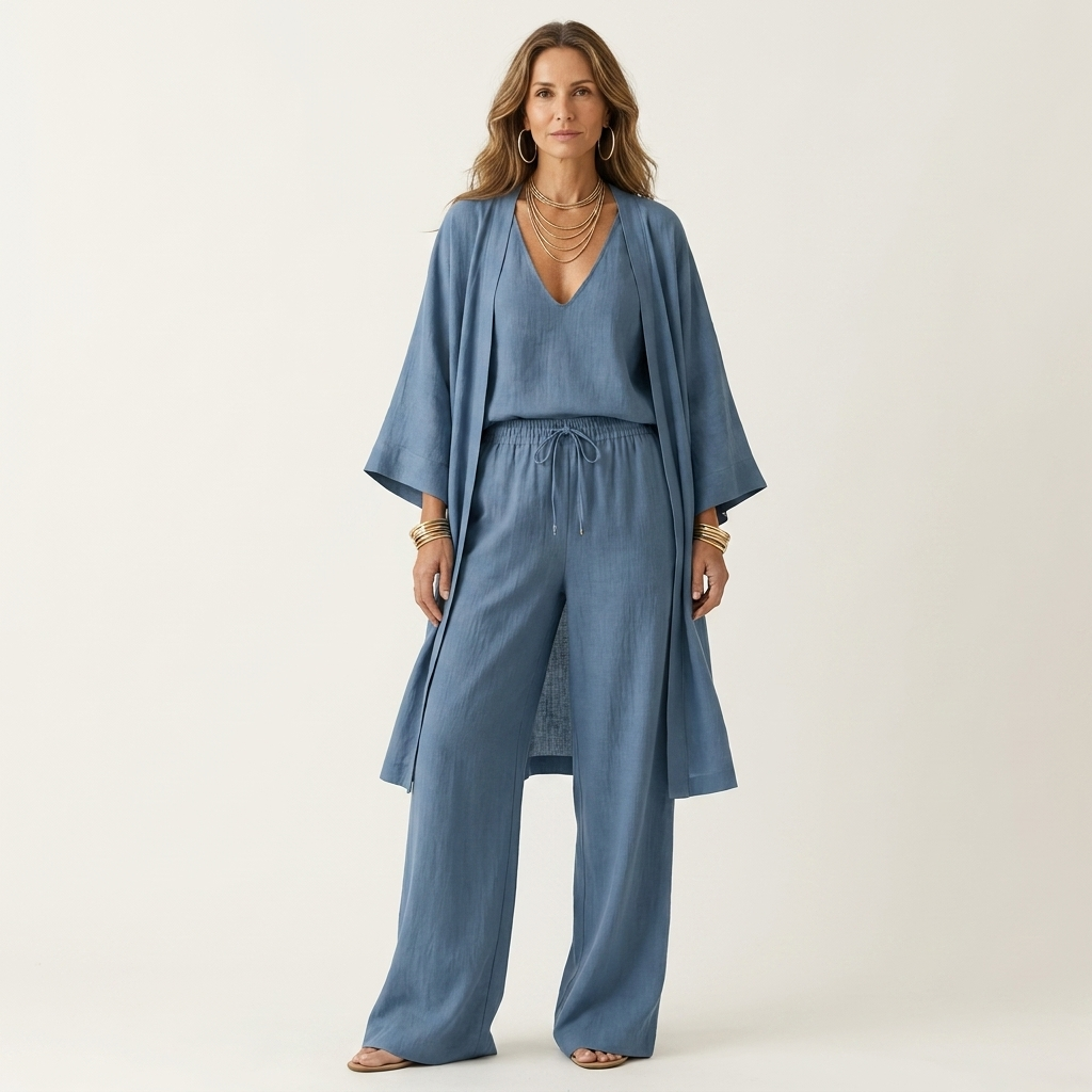 Isabelle | Sleeveless Top, Wide-Leg Pants & Open-Front Vest Three-Piece Set