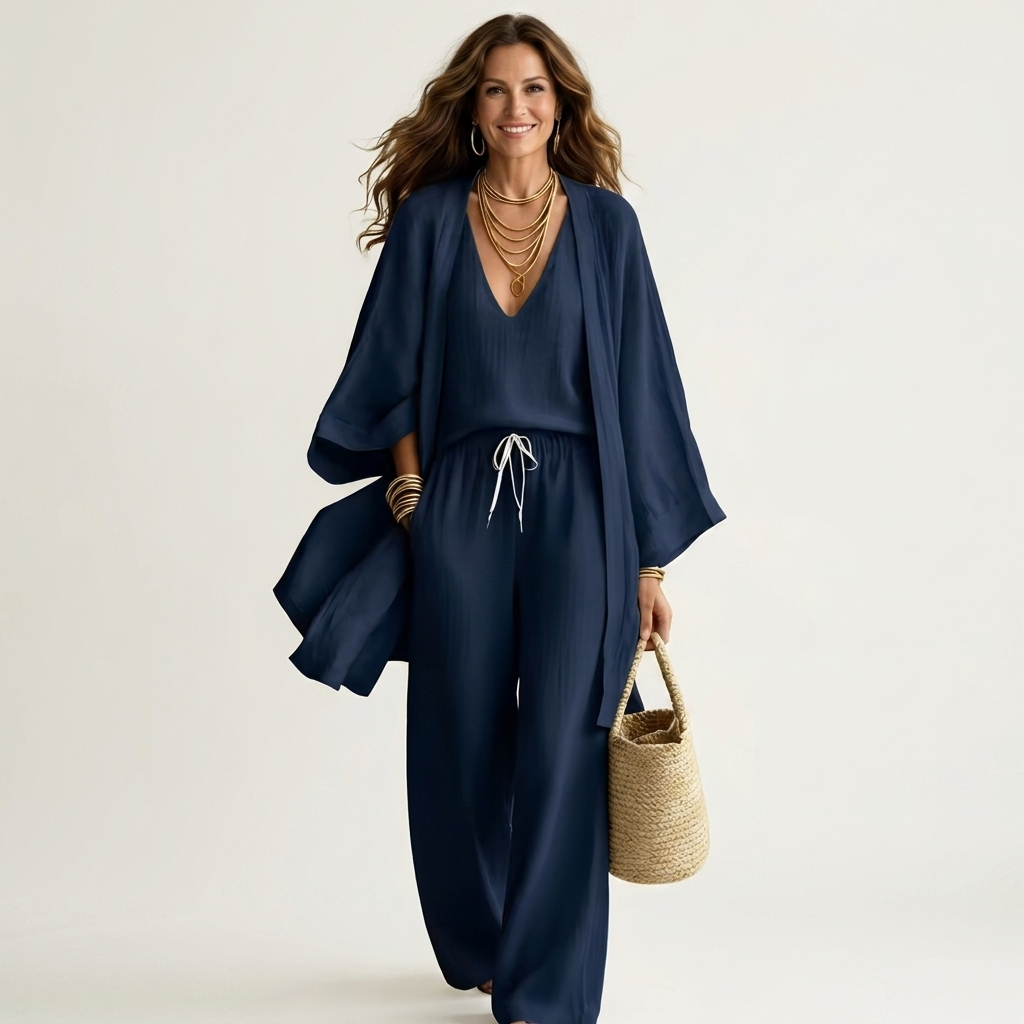 Isabelle | Sleeveless Top, Wide-Leg Pants & Open-Front Vest Three-Piece Set