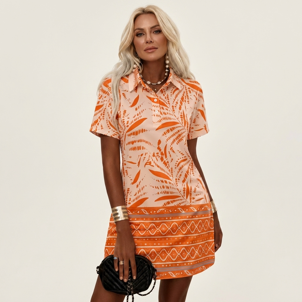 Zelia | Polo-Collar Short-Sleeve Printed A-Line Mini Dress 23