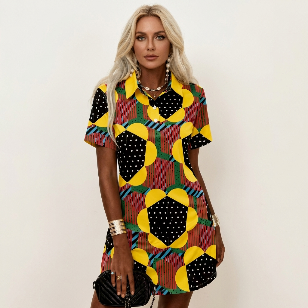Zelia | Polo-Collar Short-Sleeve Printed A-Line Mini Dress 19