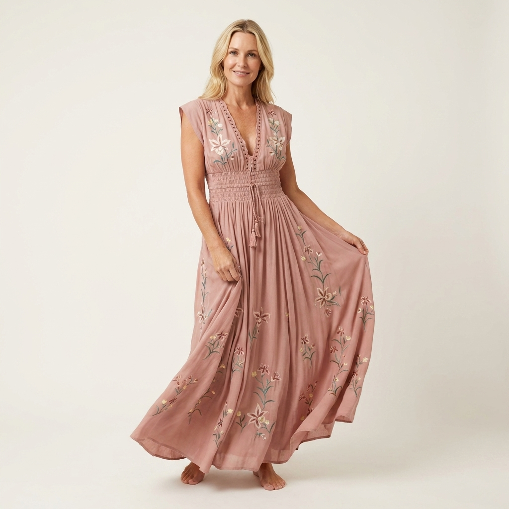 Aurelana | Deep V-Neck Smocked-Waist Floral Embroidered Maxi Dress