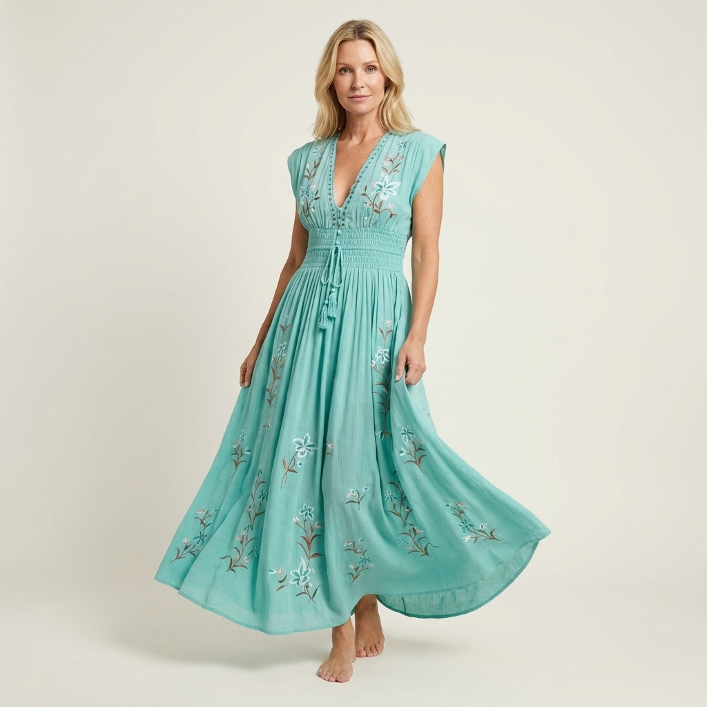 Aurelana | Deep V-Neck Smocked-Waist Floral Embroidered Maxi Dress