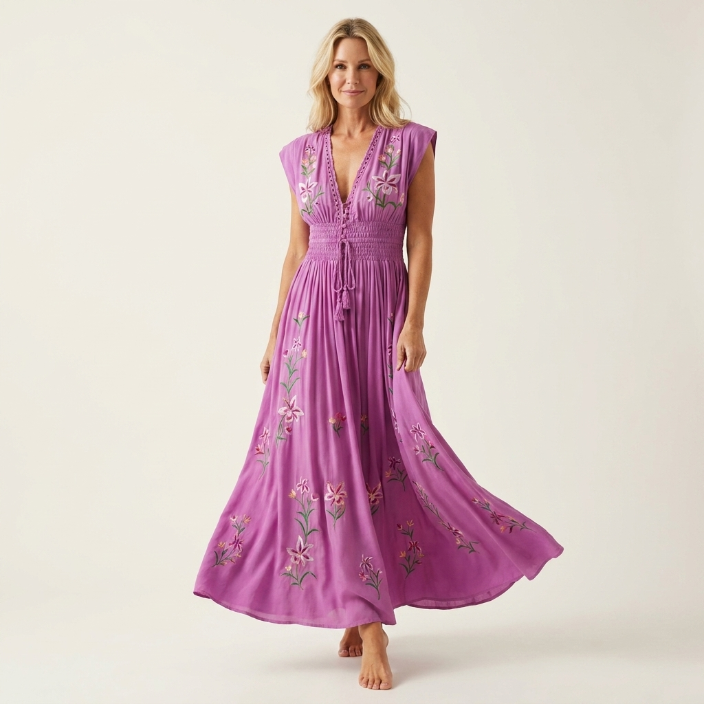 Aurelana | Deep V-Neck Smocked-Waist Floral Embroidered Maxi Dress