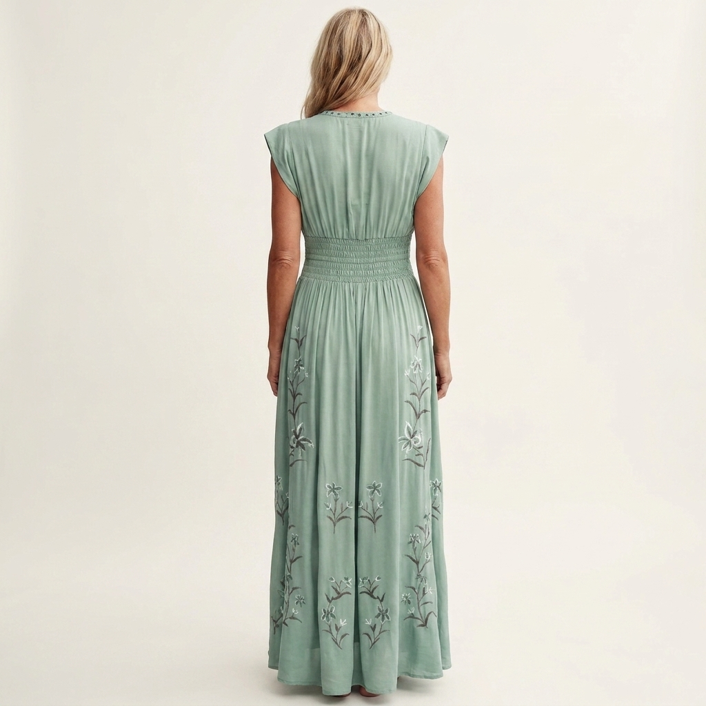 Aurelana | Deep V-Neck Smocked-Waist Floral Embroidered Maxi Dress