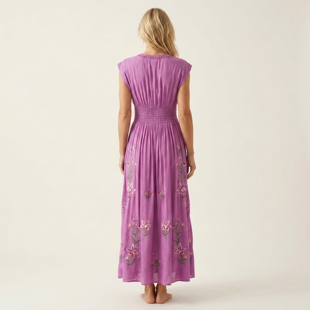 Aurelana | Deep V-Neck Smocked-Waist Floral Embroidered Maxi Dress