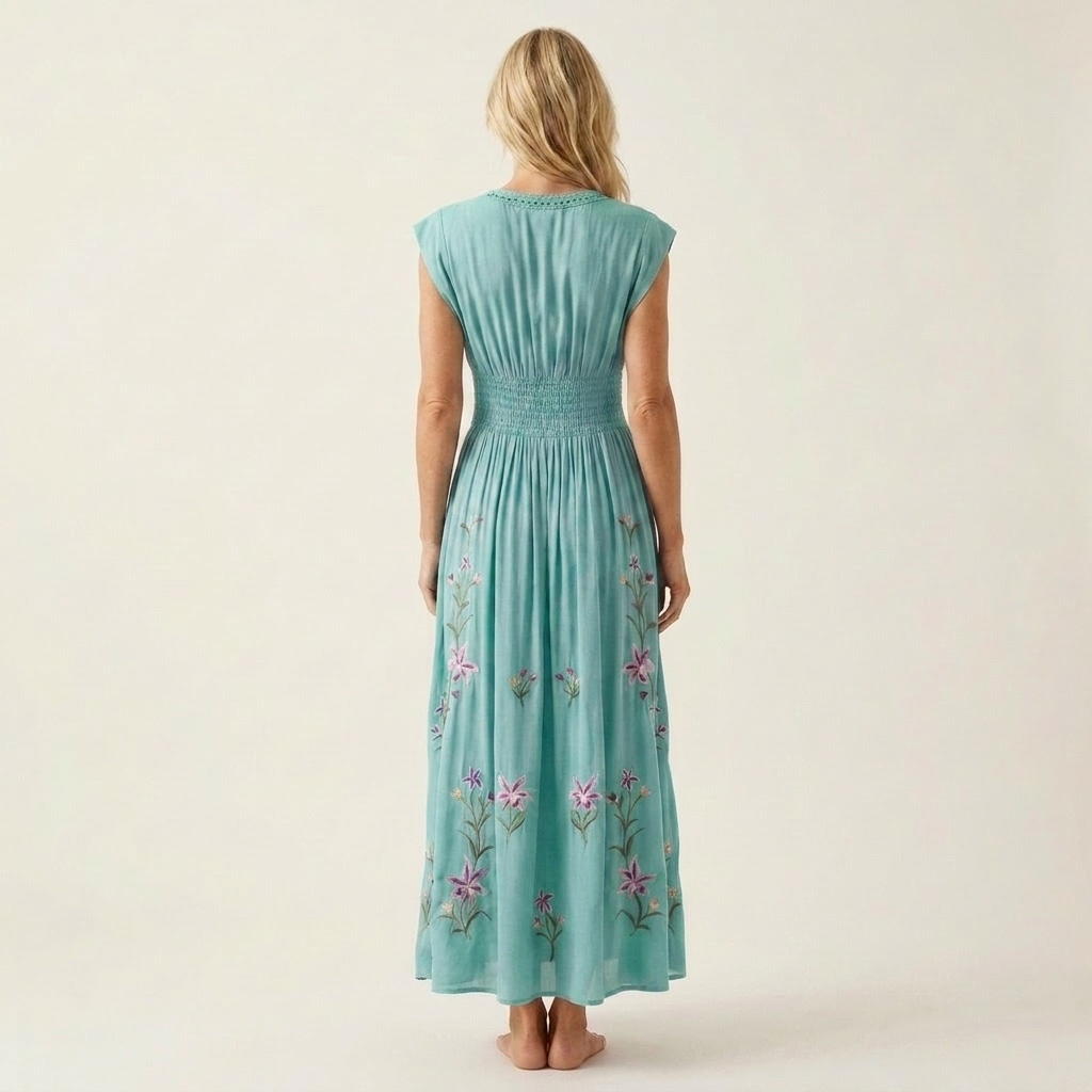 Aurelana | Deep V-Neck Smocked-Waist Floral Embroidered Maxi Dress