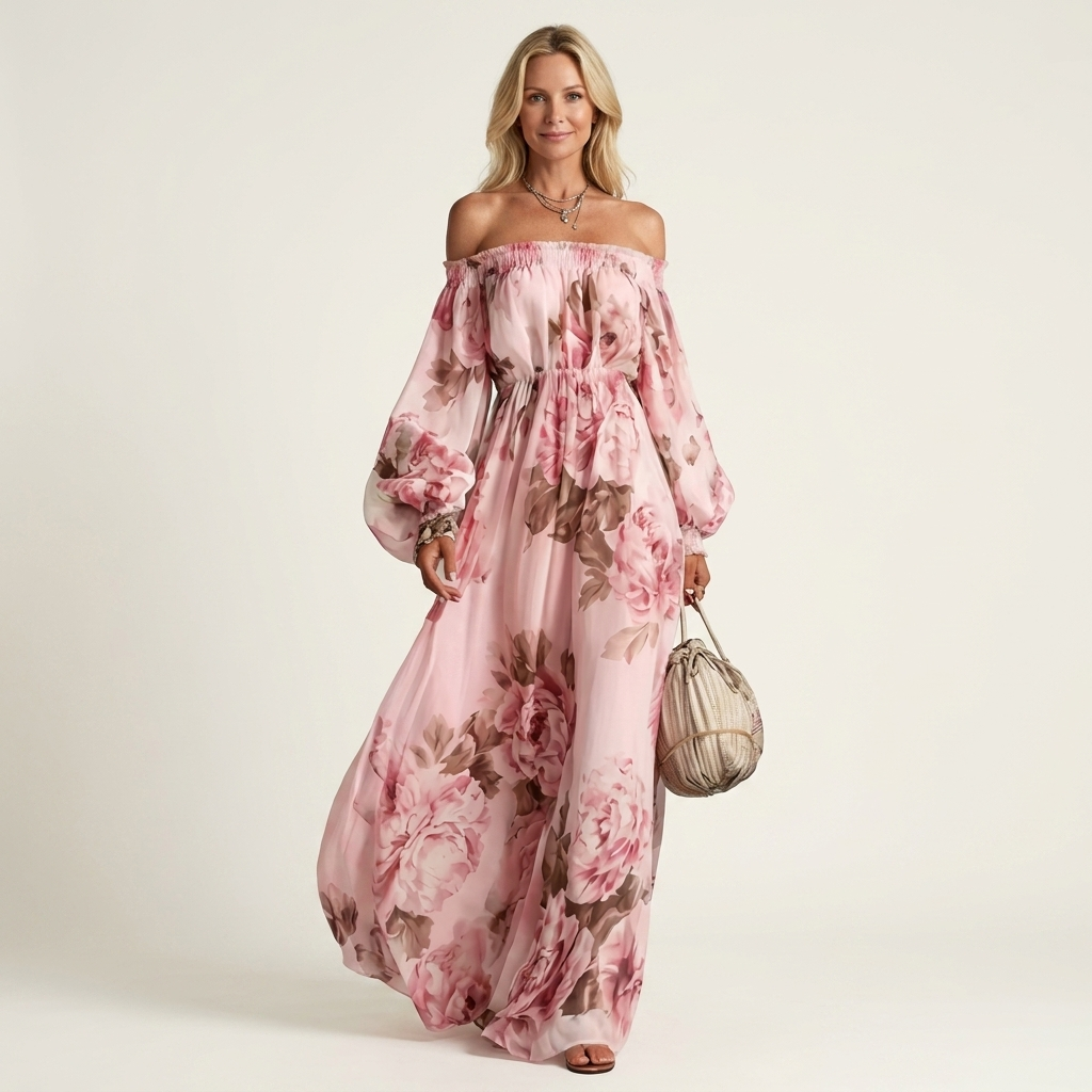 Tiziana | Off-Shoulder Lantern-Sleeve Floral Print Maxi Dress
