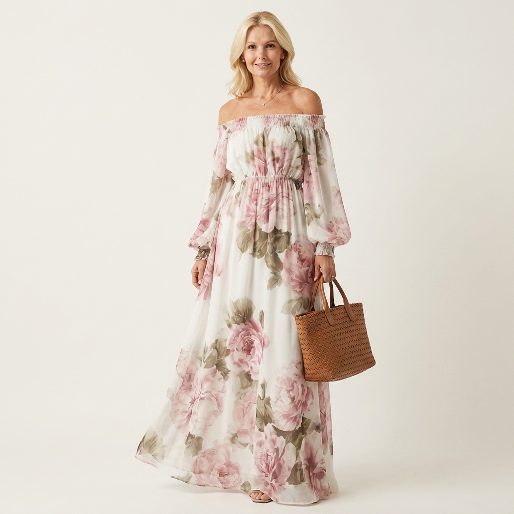 Tiziana | Off-Shoulder Lantern-Sleeve Floral Print Maxi Dress