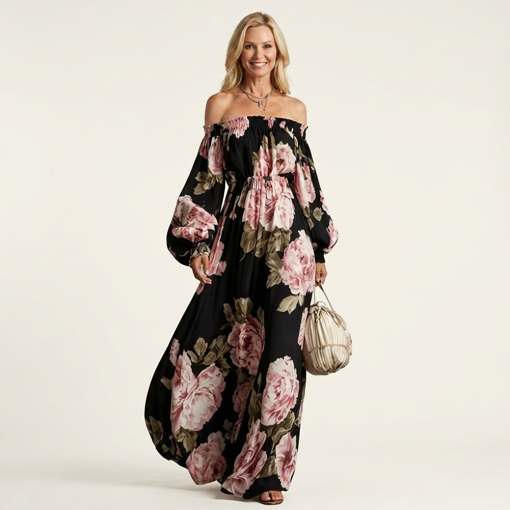 Tiziana | Off-Shoulder Lantern-Sleeve Floral Print Maxi Dress