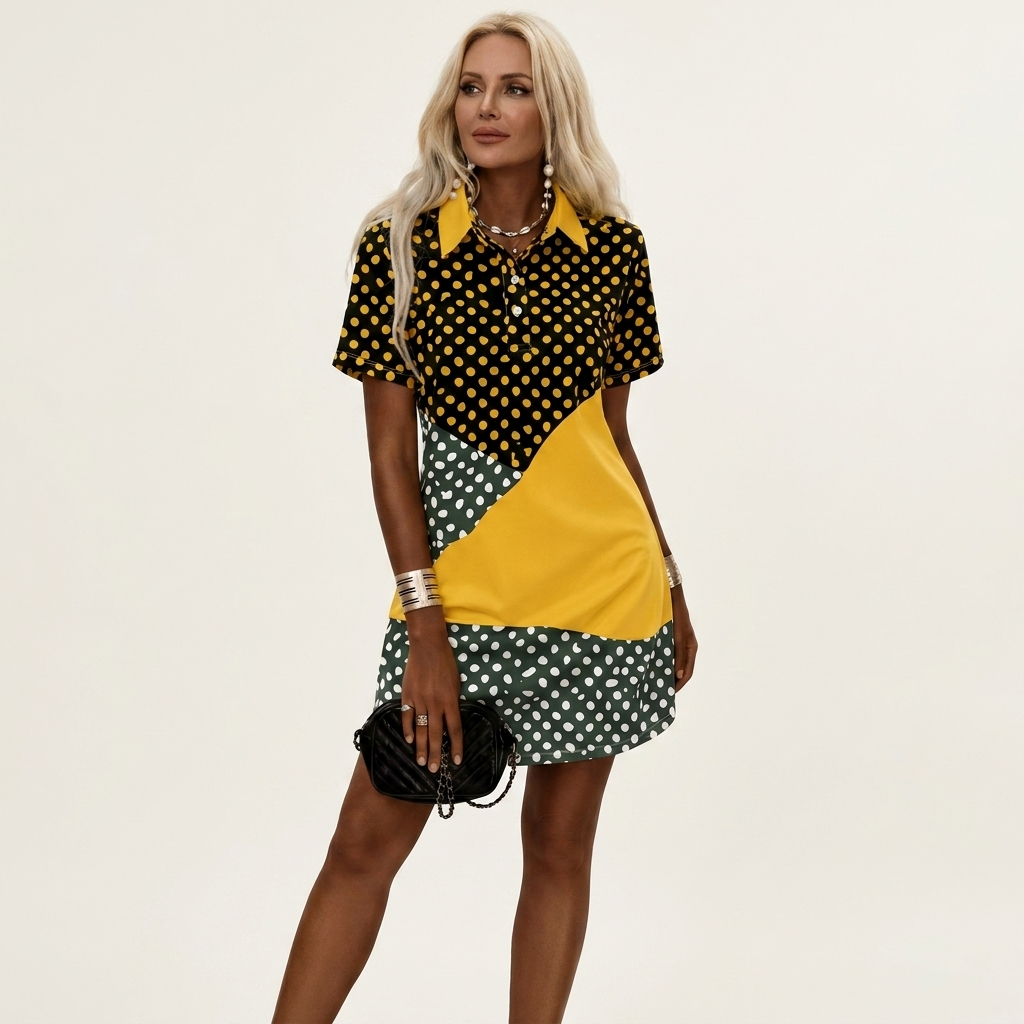 Zelia | Polo-Collar Short-Sleeve Printed A-Line Mini Dress 33