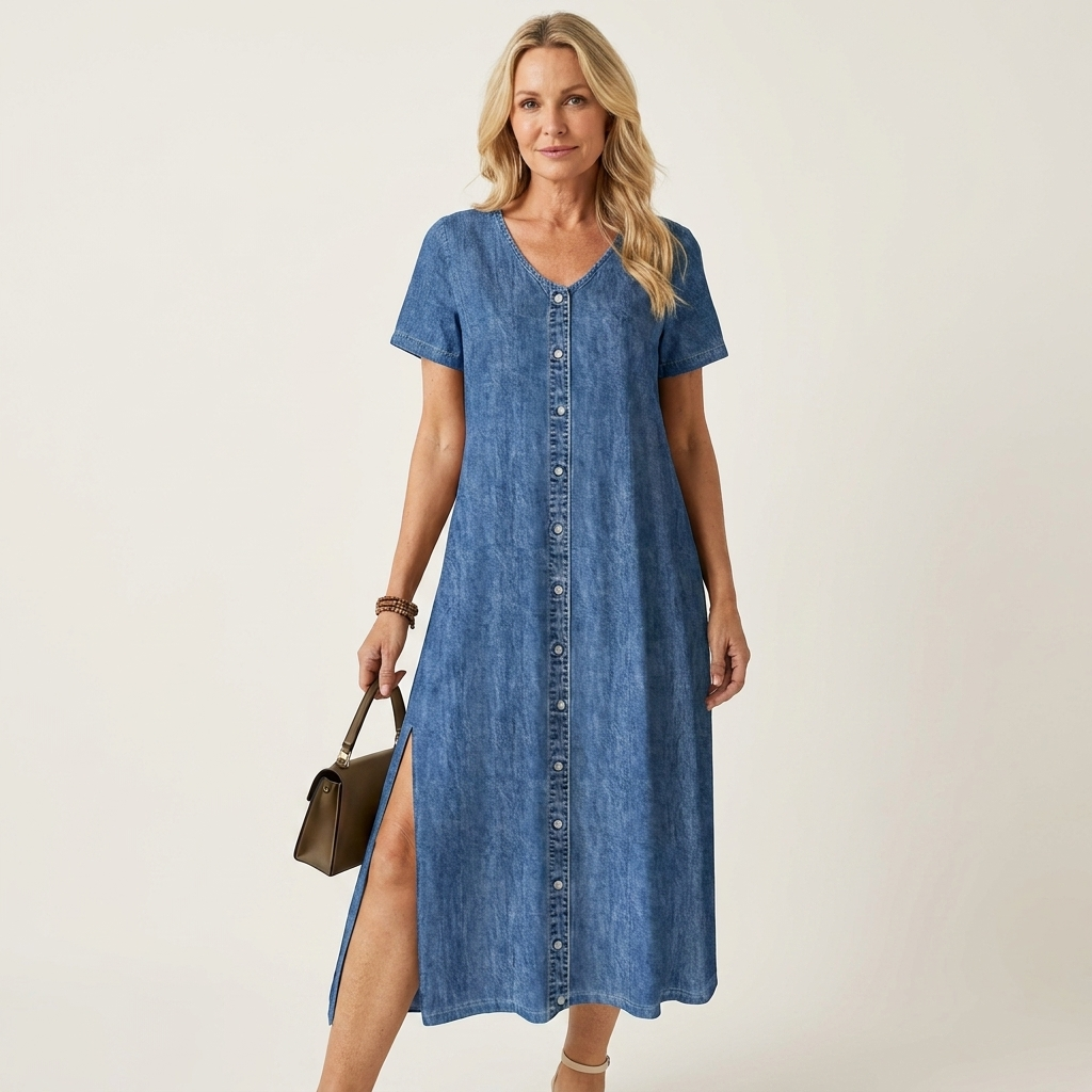 Almara | V-Neck Button-Front Short-Sleeve Denim Midi Dress With Slit