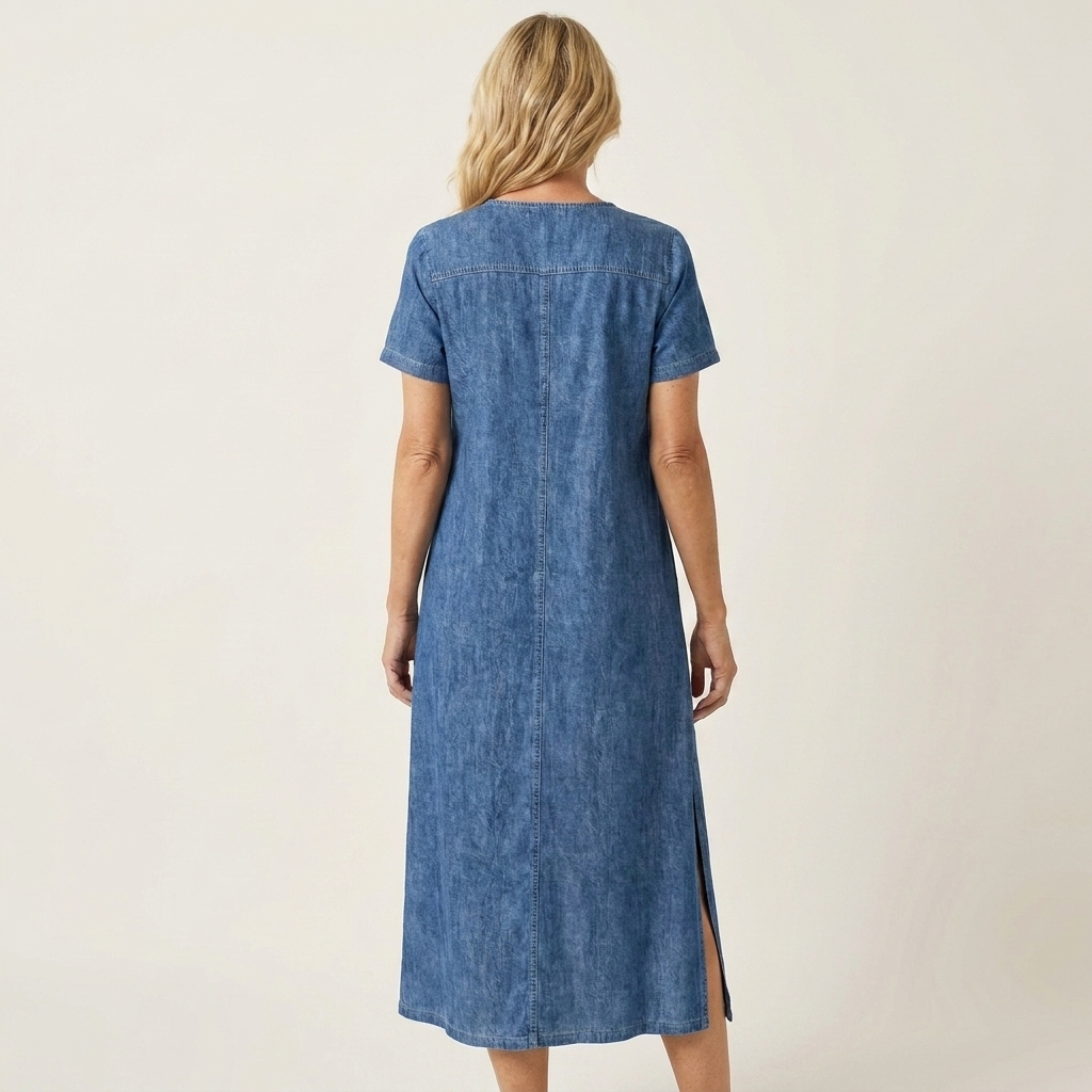 Almara | V-Neck Button-Front Short-Sleeve Denim Midi Dress With Slit