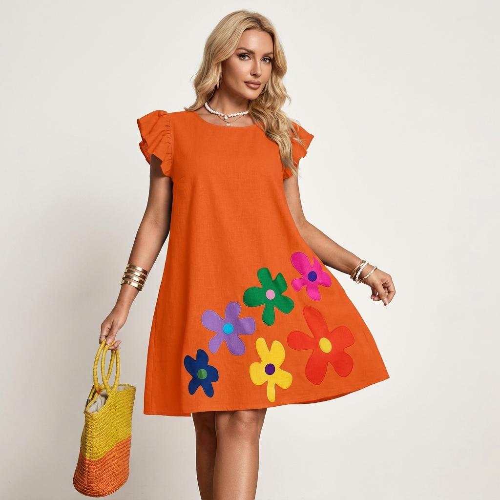 Tamara | Round-Neck Flutter-Sleeve Floral Print A-Line Mini Dress