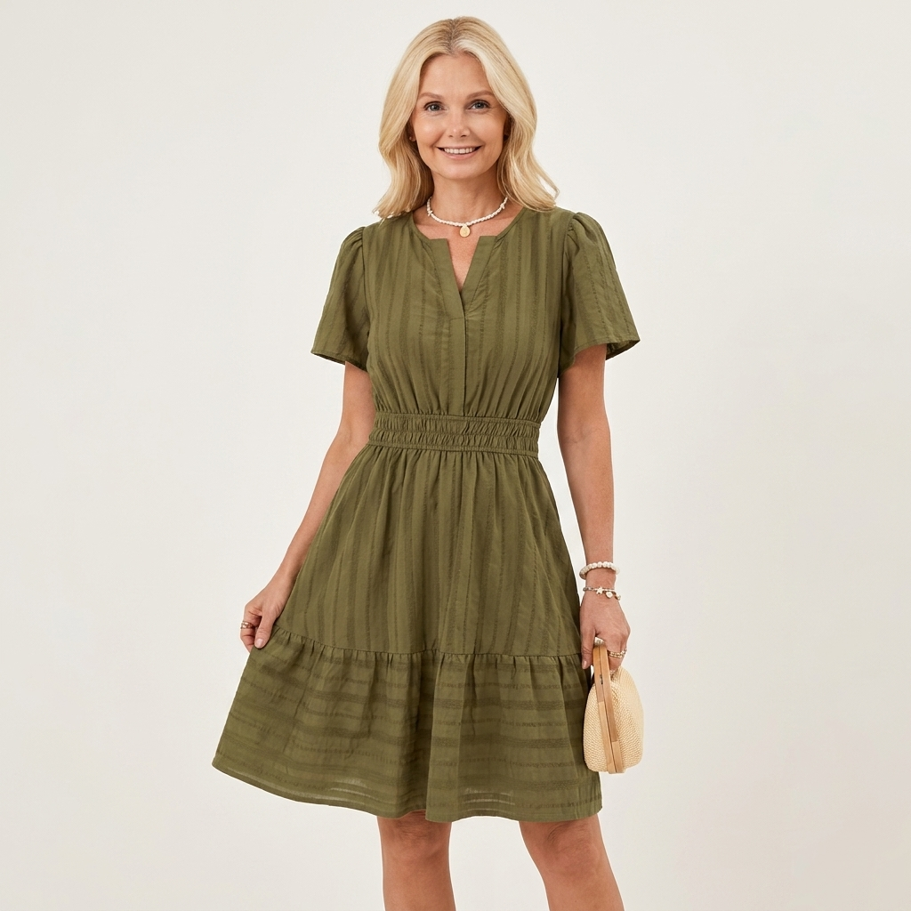 Lincy | V-Neck Puff-Sleeve Smocked-Waist Tiered A-Line Mini Dress