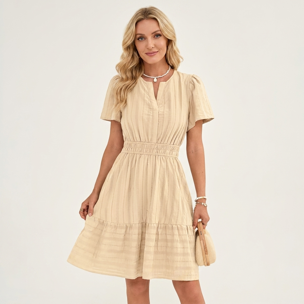 Lincy | V-Neck Puff-Sleeve Smocked-Waist Tiered A-Line Mini Dress
