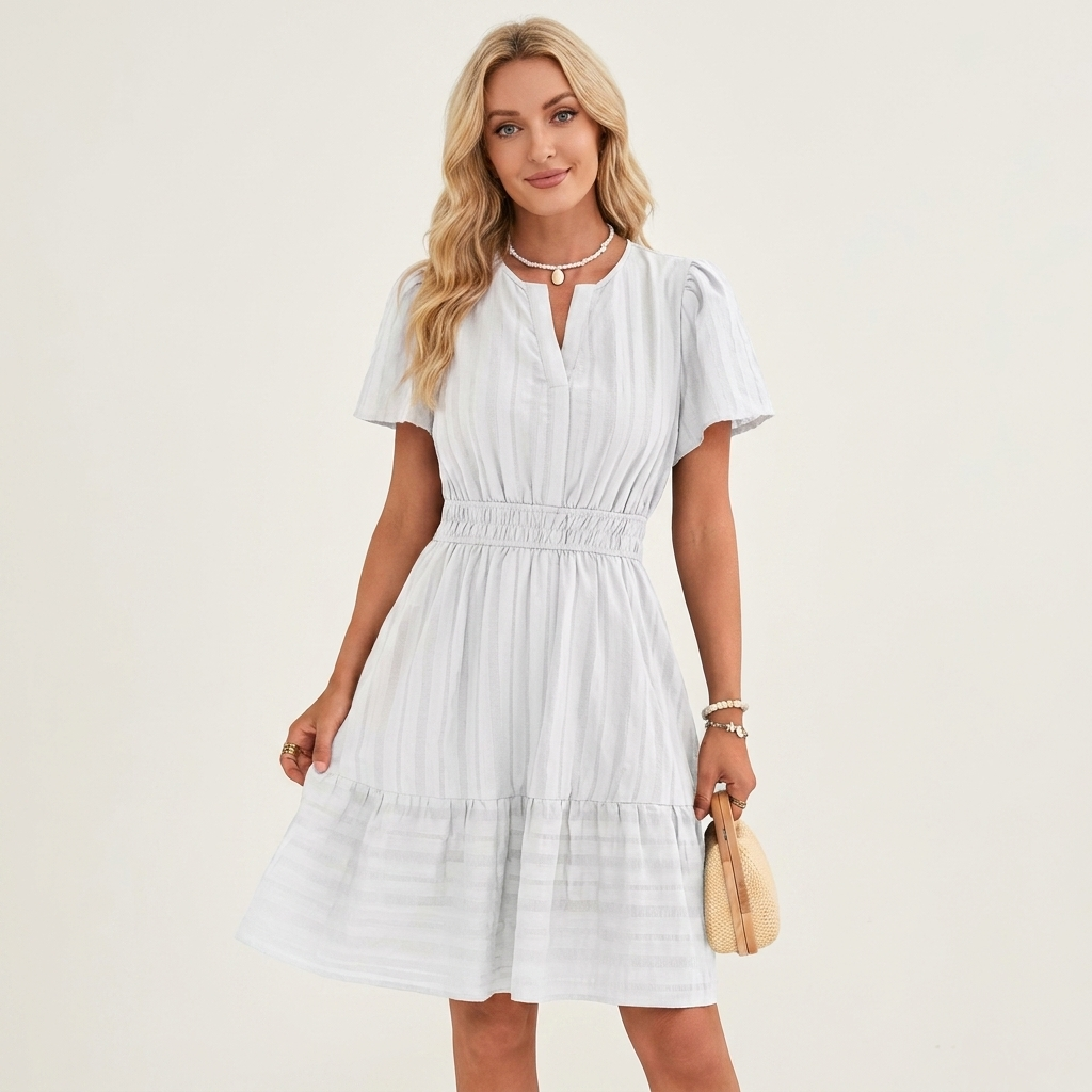 Lincy | V-Neck Puff-Sleeve Smocked-Waist Tiered A-Line Mini Dress