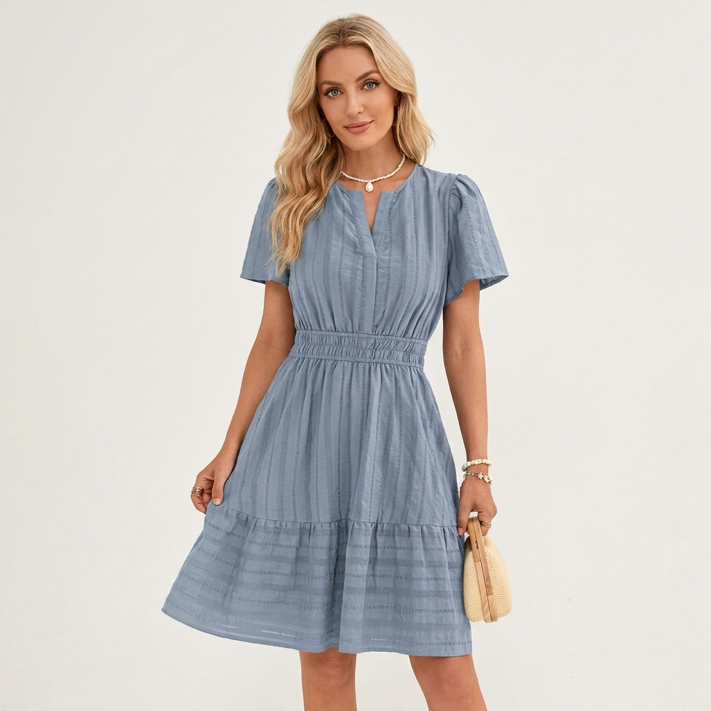 Lincy | V-Neck Puff-Sleeve Smocked-Waist Tiered A-Line Mini Dress
