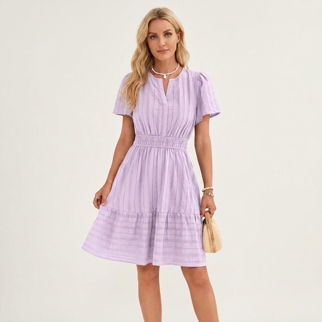 Lincy | V-Neck Puff-Sleeve Smocked-Waist Tiered A-Line Mini Dress