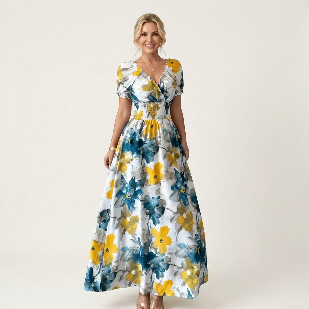 Rivelia | V-Neck Puff-Sleeve Smocked-Waist Floral Maxi Dress