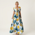 Rivelia | V-Neck Puff-Sleeve Smocked-Waist Floral Maxi Dress